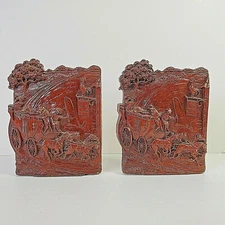 Syroco Wood Vintage Book Ends Colonial Horse & Carriage Town Crier Library Study