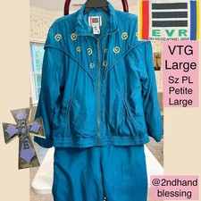 Vintage EVR Women's Size Petite Large Blue Green Silk 2 pc Track Suit 80's 90's