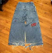 JNCO Men  s Blue Denim Wide-Leg Relaxed Low Rise Logo Embroidered Frayed