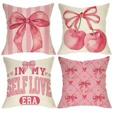 Pink Coquette Bow Decorative Throw Pillow Covers 18 x 18 Set of 4, Preppy Che...