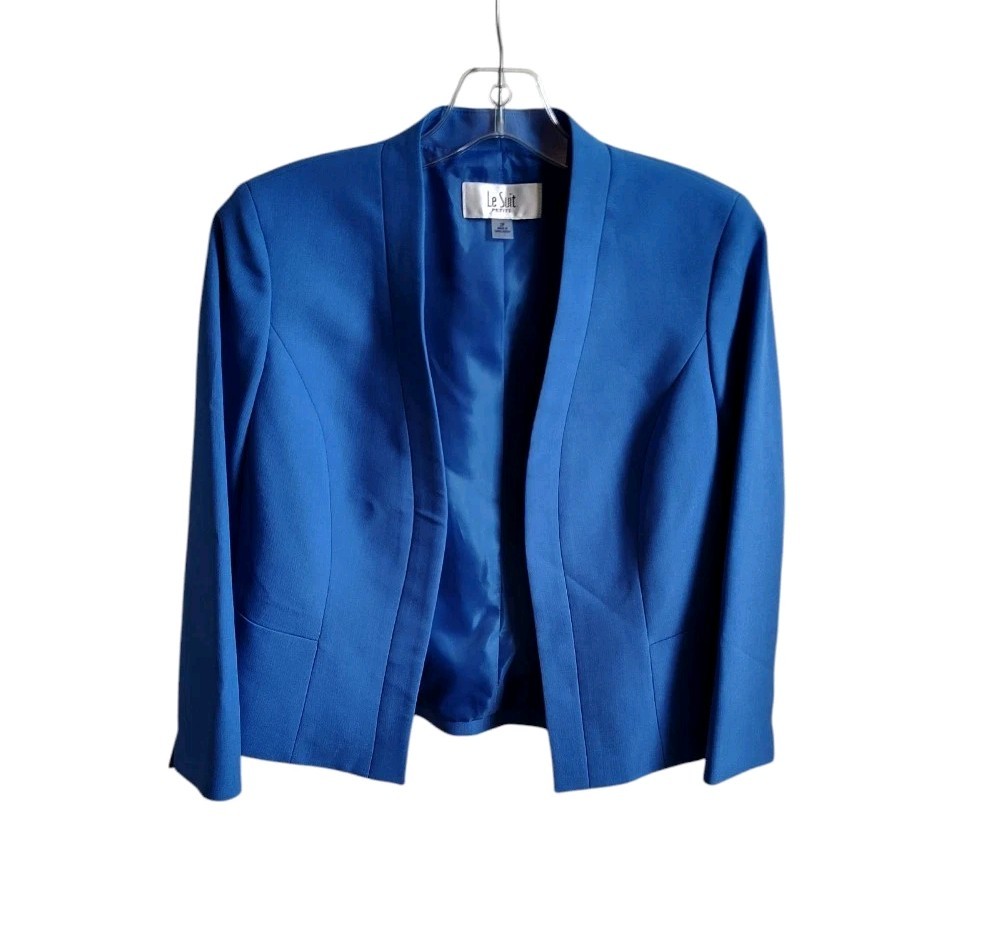 Le Suit Dress Suit Open Front Jacket & Sheath Dress Suit Size 2P Cornflower Blue