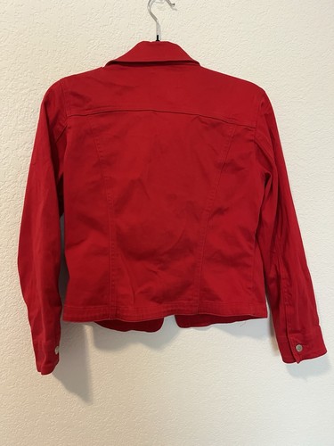 Live a Little Red Denim Jacket Button Long Sleeve Cotton Stretch Collar - Picture 7 of 7