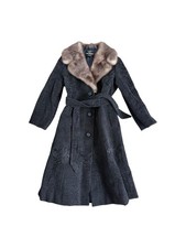 Vintage black lamb fur mink collar belted coat