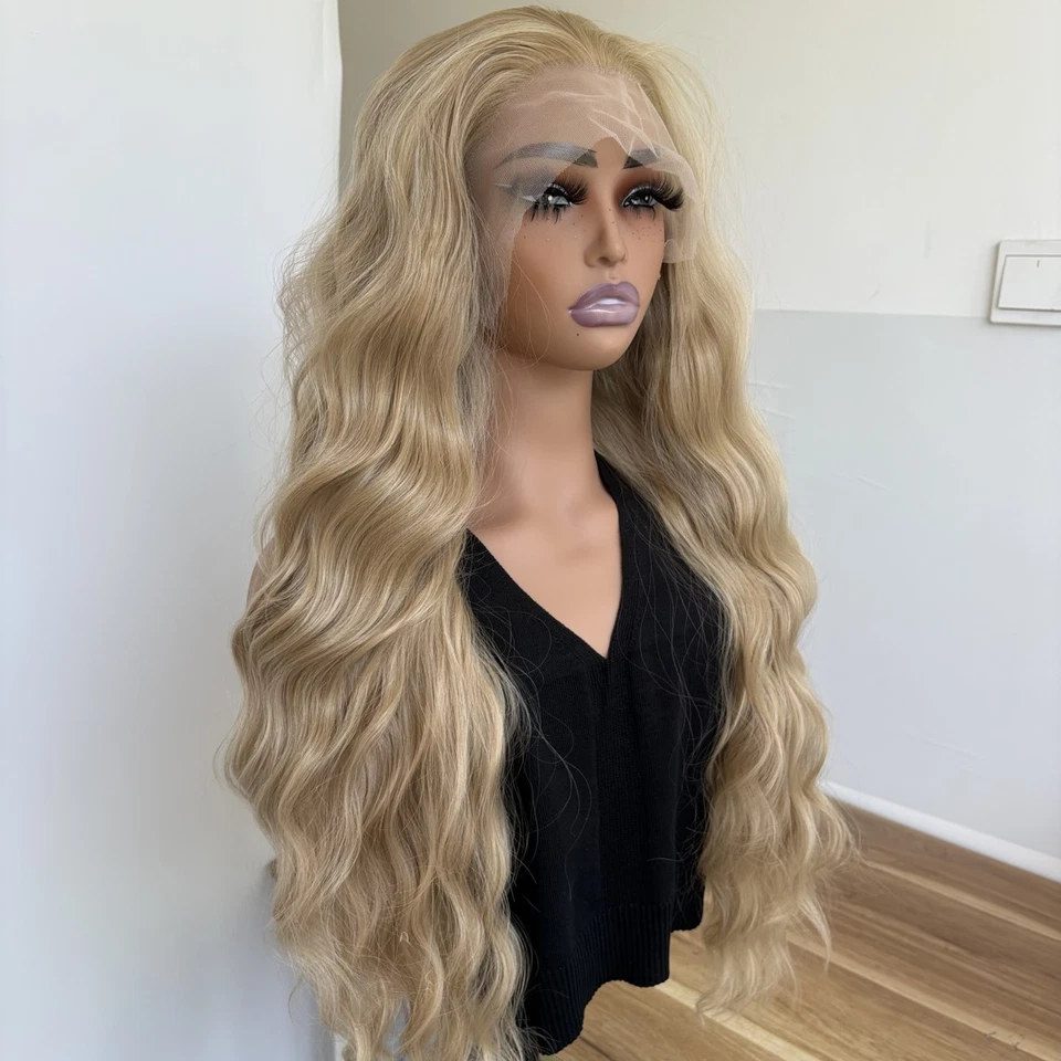 Peluca de encaje frontal rubia ceniza larga ondulada pre arrancada cabello sintético resistente al calor Foto 4 de 4
