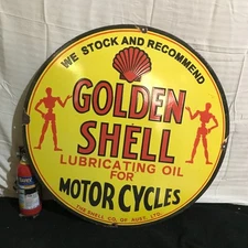 GOLDEN SHELL MOTORCYCLE  Gasoline Porcelain GAS STATION 30 Inch Single Side