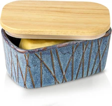 Ceramic Butter Dish with Lid for Countertop, Airtight Butter Keeper with Wooden