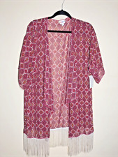 LuLaRoe Kimono Duster Jacket Fringe SzLG Boho Geometric Cowgirl Pink Party Sheer