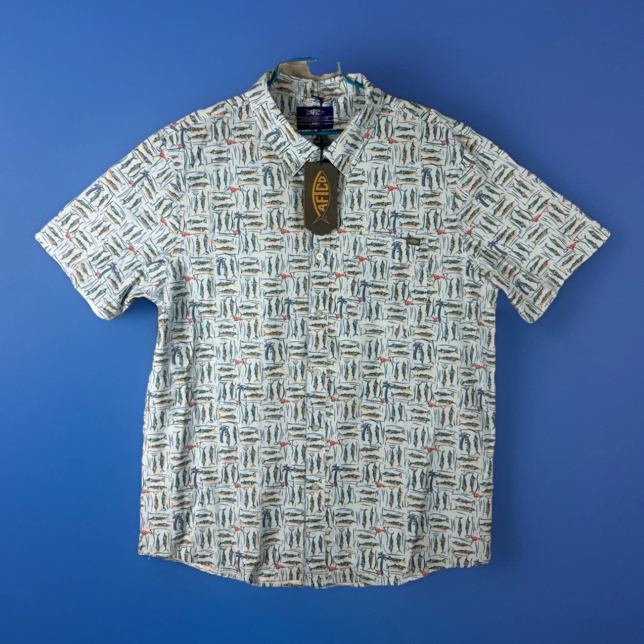 AFTCO Boatbar Fishing Shirt Mens Large Fish Tropical Floral Print NWT $55