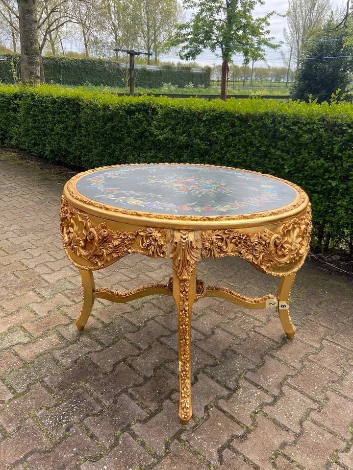 Mesa de comedor central barroca italiana hoja de oro pintada a mano obra maestra floral Foto 2 de 4