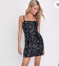 NWT Lulus Dress Womens L Black Short Slip Bodycon Floral Ruched Square Neck
