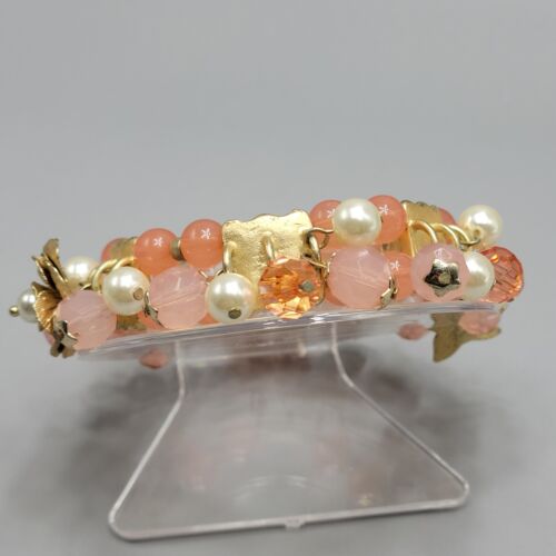 Peach Pink Stretch Bracelet Flower Butterfly Charms Faux Pearl Acrylic 7" - Picture 3 of 11