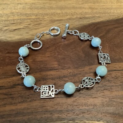 Lenox Sterling Silver Light Green Jade Good Fortune Chain Link Toggle Bracelet