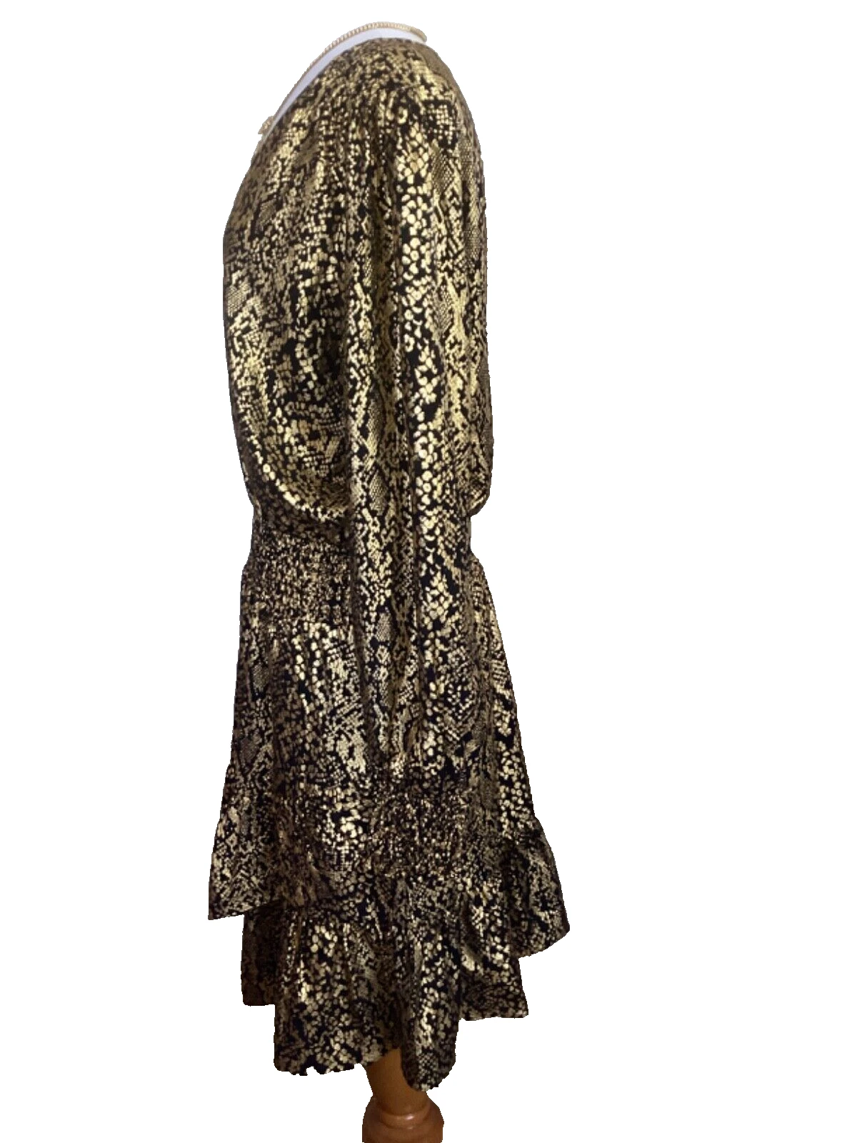 ABITO DA COCKTAIL MICHAEL KORS NERO E ORO LAMINA METALLICA STAMPA SERPENTE RUFFLE TAGLIA XL