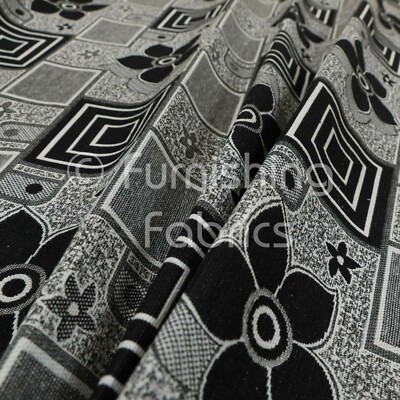 Feuerbehandelt Neu Polster Möbel Stoff Floral Quadrat Patchwork Schwarz Grau