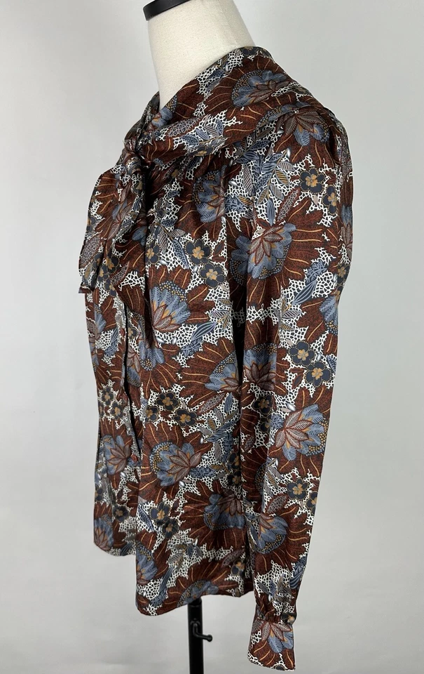 Blusa paisley vintage anos 80 amarrar frente colarinho marinheiro tom terra chocolate marrom - Imagem 4 de 4