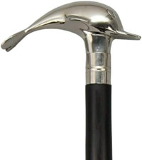Chrome Finish Dolphin Shape Handle Wooden Walking Stick Cane Handmade Men's Gift