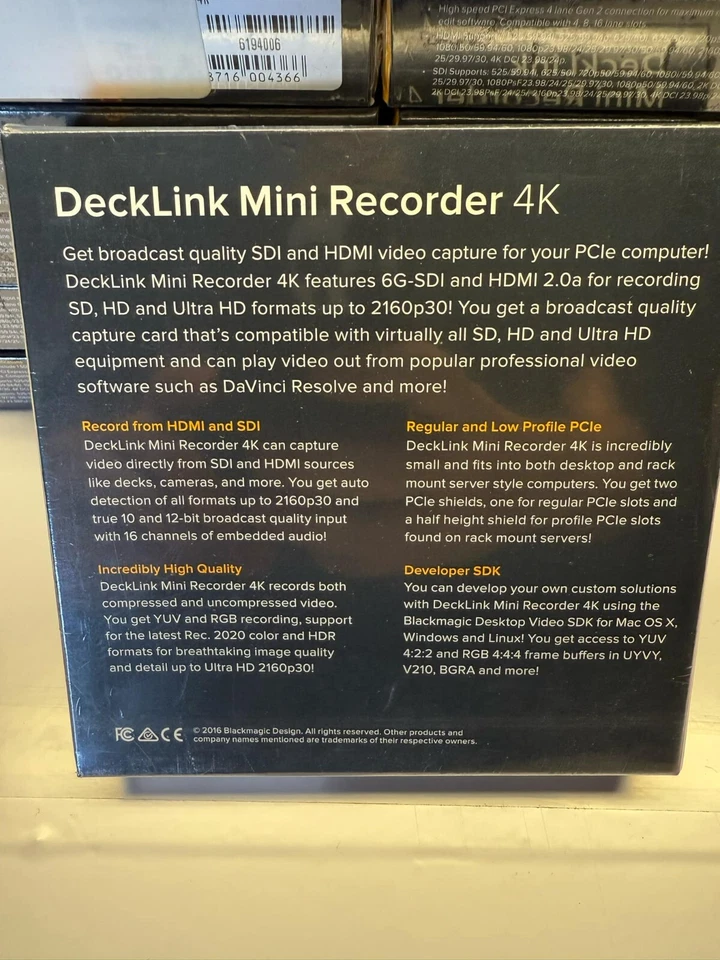 BLACKMAGIC DESIGN DECKLINK MINI RECORDER 4K/ULTRA HD 6G-SDI PCIE Capture Card - Image 3 of 4