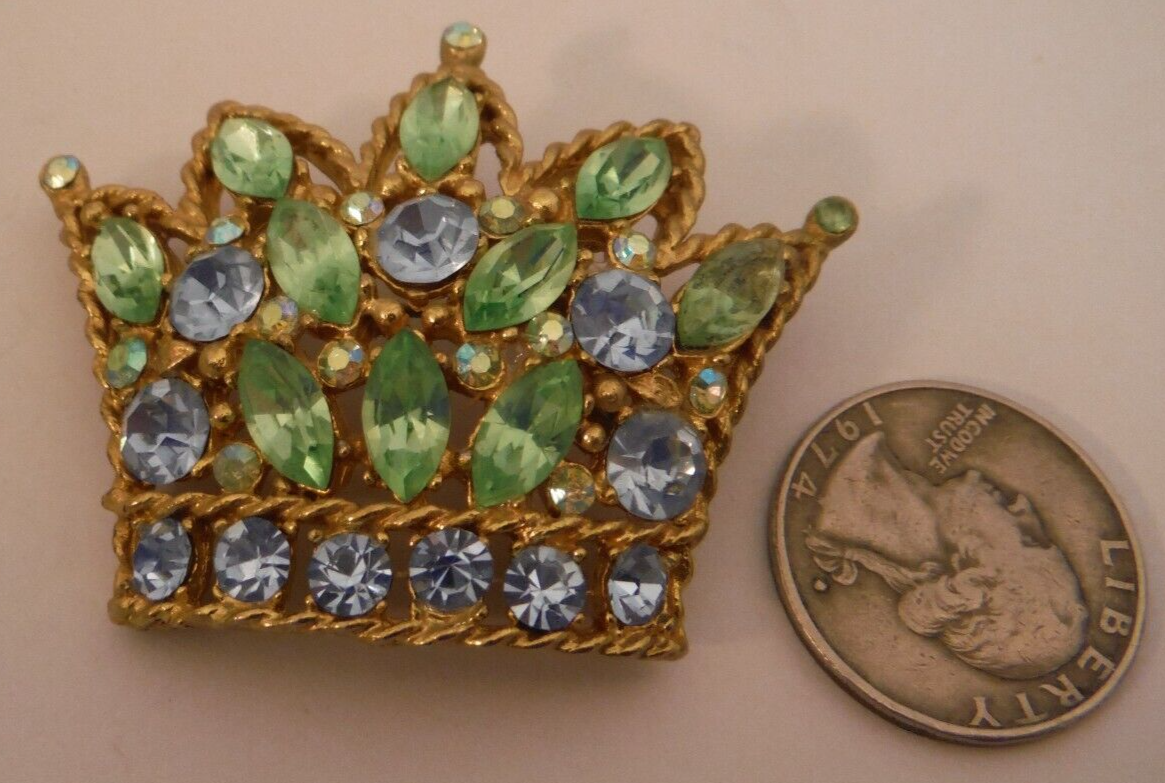 Vintage REGENCY Costume Jewelry Blue Green RHINESTONE Pin Brooch 2 1/8