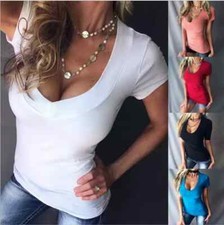 Sexy Women's Deep V-Neck Fitted Cotton Short Sleeve Stretch Basic Tee Shirt Top
