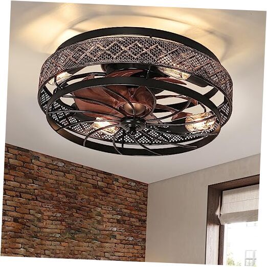 Low Profile Caged Ceiling Fans with Lights and Remote, Flush Mount Black