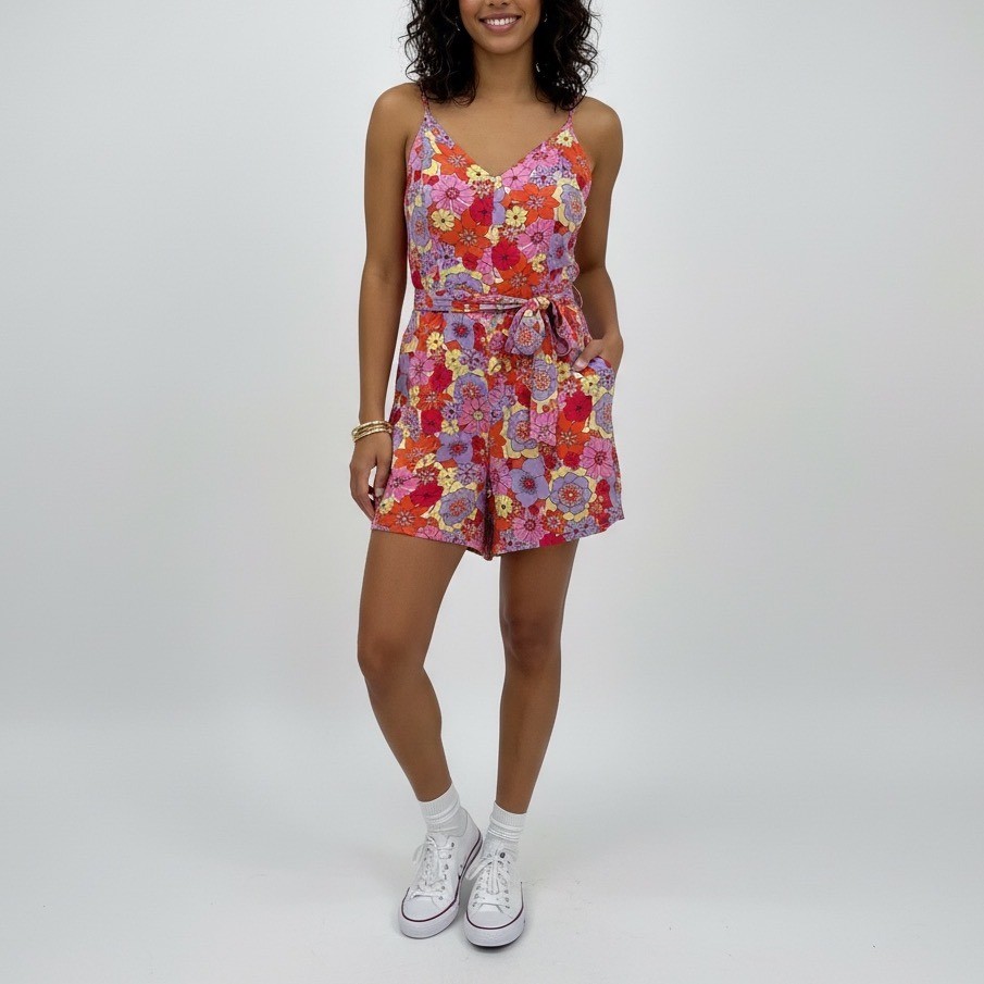 Lounge Floral Print Spaghetti Strap Romper Jumpsuit Women's Size L