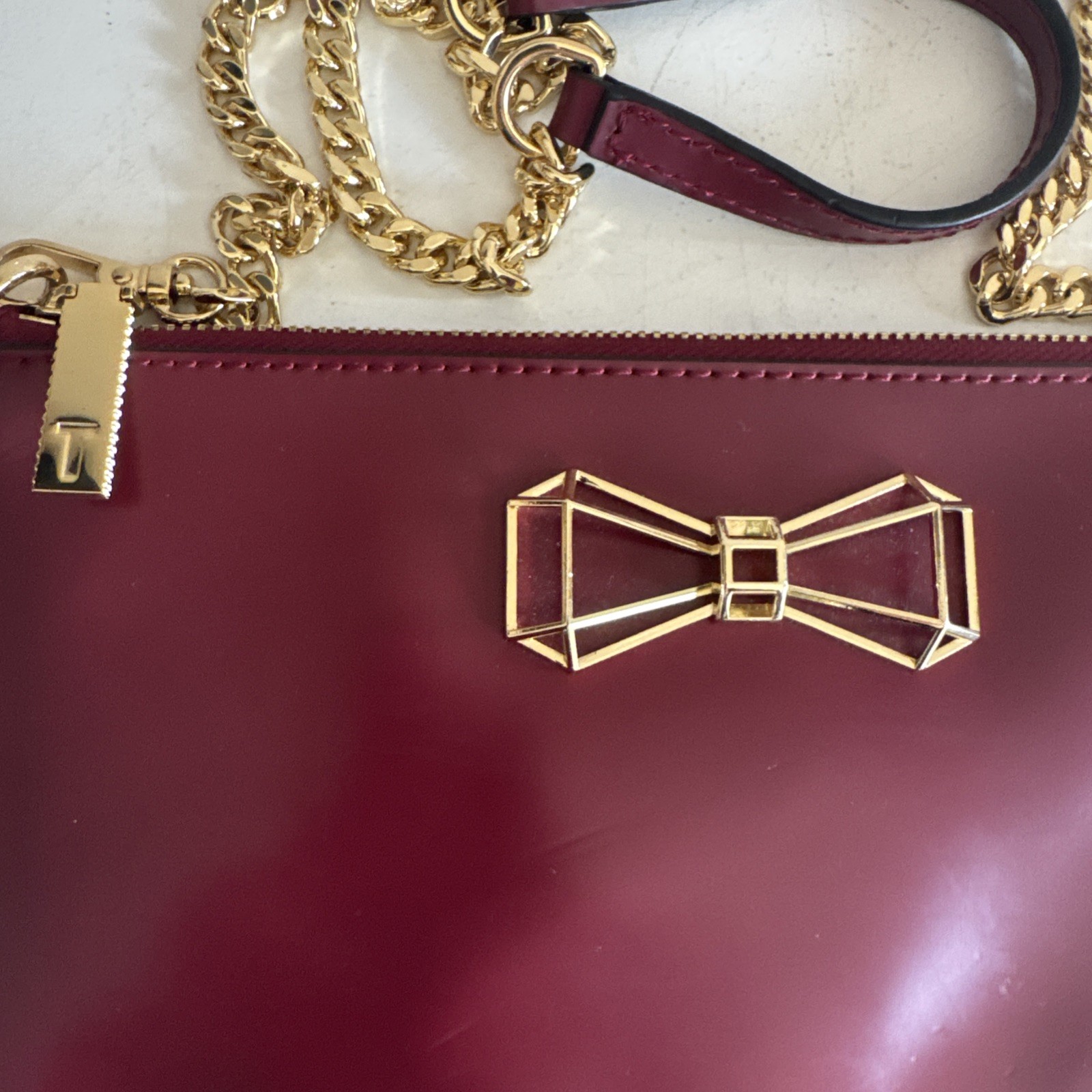 Ted Baker GRETAA Geometric Bow Leather Crossbody Oxblood Red Maroon Gold Strap image 3