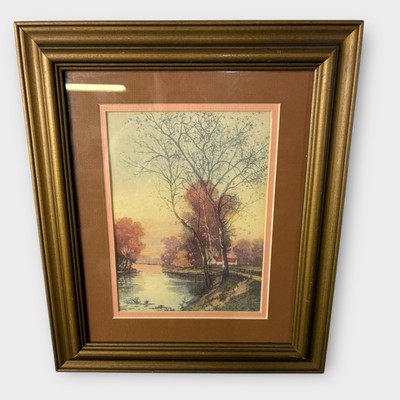 VTG 1978 D.A.C. NY Framed Fall Themed Artwork Print Autumn Trees by Water Brown