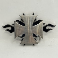 Silver Iron Cross with Black Enamel Flames Mens Belt Buckle