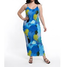 PrettyLittleThing Blue Abstract Maxi Dress Pleated Criss Cross Back Evening Gown