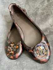 Tory Burch Minnie Ballet Travel Slip On Shoes Brown Black Tortoise Size 8 VGC 