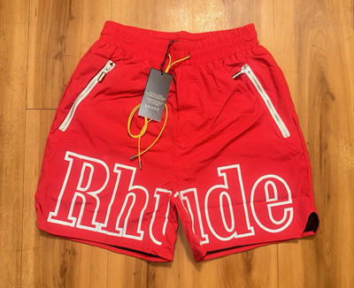 RHUDE Men's Red Cargo Shorts Size M Drawstring Elastic Waist Logo Zipper