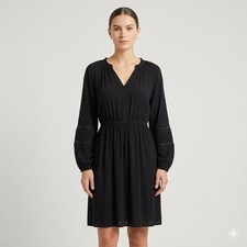 Knox Rose Womens Black Long Sleeve Boho Mini Dress Lace Pintuck Elastic Waist M