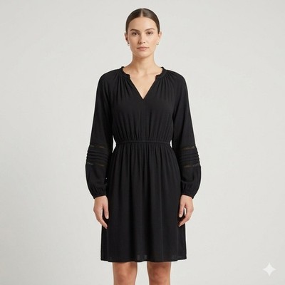 Knox Rose Womens Black Long Sleeve Boho Mini Dress Lace Pintuck Elastic Waist M