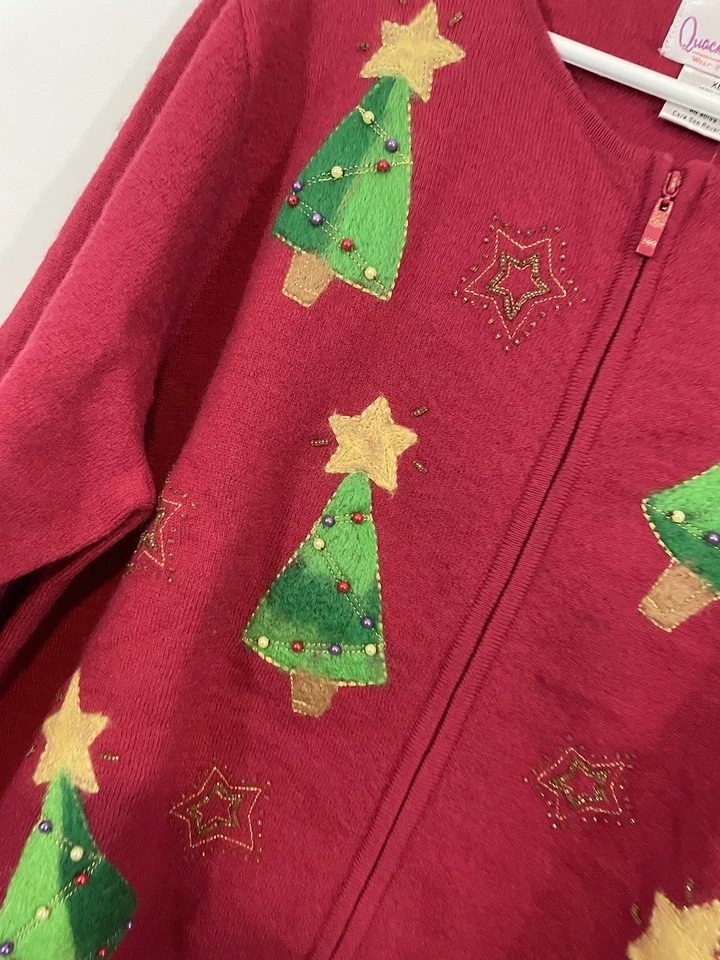 New Quacker Factory Christmas Cardigan Sweater womens sz XL Trees wool red zip - Image 2 of 4