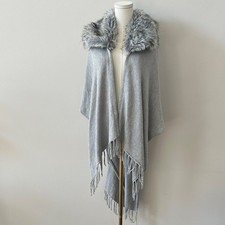 Gray Faux Fur Collar Shawl Wrap Fringe Hem Relaxed Cozy Mobwife Lagenlook OS
