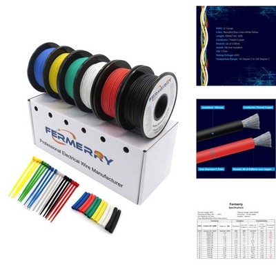 22 Gauge Flexible Silicone Electrical Wire Spool Kit 6 Colors 10ft Tinned Copper