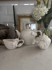 Grace's Teaware Teapot Eggshell White Strawberry Tea Pot, Creamer And Sugar Bowl