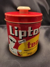 Vintage Lipton Tea Canister Button Top Tin JL Clark Container Red Yellow