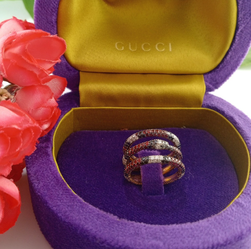GUCCI 18K YELLOW GOLD OUROBOROS 3 ROW MULTI GEMSTONE DIAMOND RING