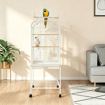 Bird Cage With Dual-opening Roof & Wheels, Pull-out Tray, And Storage Shelf