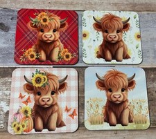 Highland Cows Cute Set Of 4 Neoprene Coasters Birthday gift
