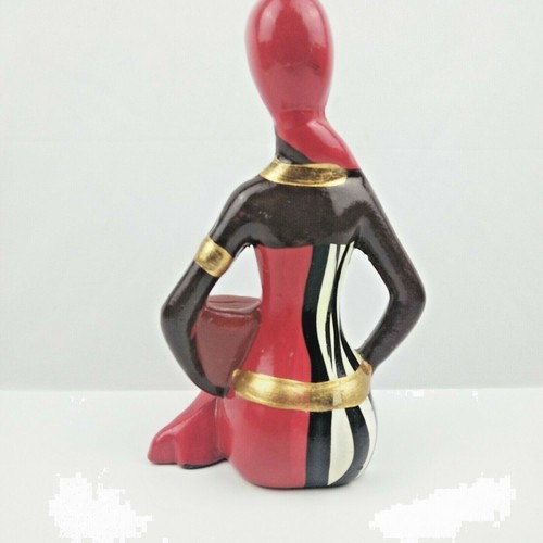 African Folklore Ceramic Figurine Lady Sitting Down Red White Black Gold Painted - Picture 3 of 10