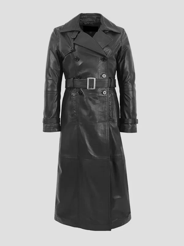 WOMENS BLACK GENUINE LEATHER TRENCH COAT GERMAN CLASSIC OFFICER MILITARY UNIFORM