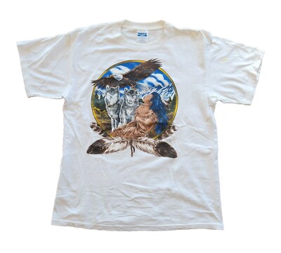 Vintage Native American Indian Princess Warrior T-shirt LARGE Wolves Eagle
