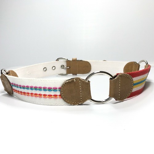 Women's Belt Medium Brown Pink Green Canvas Floral O Ring Accents Jeans Casual - Picture 10 of 11