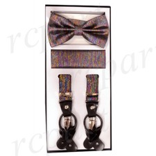 New Convertible Elastic Suspender Bow tie  Hankie metallic rainbow formal party