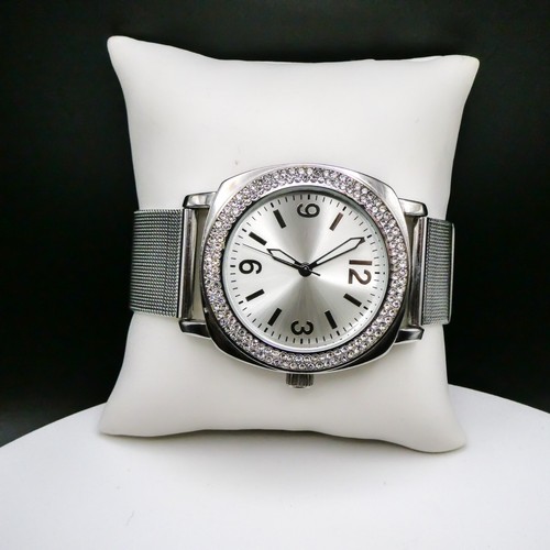 Adrienne Vittadini Silver Tone Dial Bling Bezel Mesh Band Analog Watch Stainless