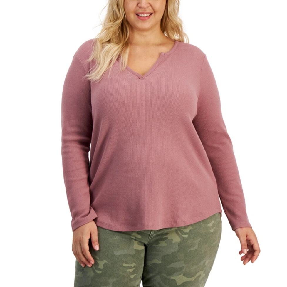 Style Co V Neck Waffle Knit Long Sleeve Tee 3XL Smoked Rose NIP 