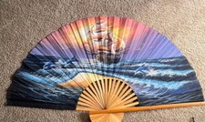 VINTAGE ASIAN BAMBOO/CLOTH WALL FAN 60" x 35" HAND PAINTED ASIAN