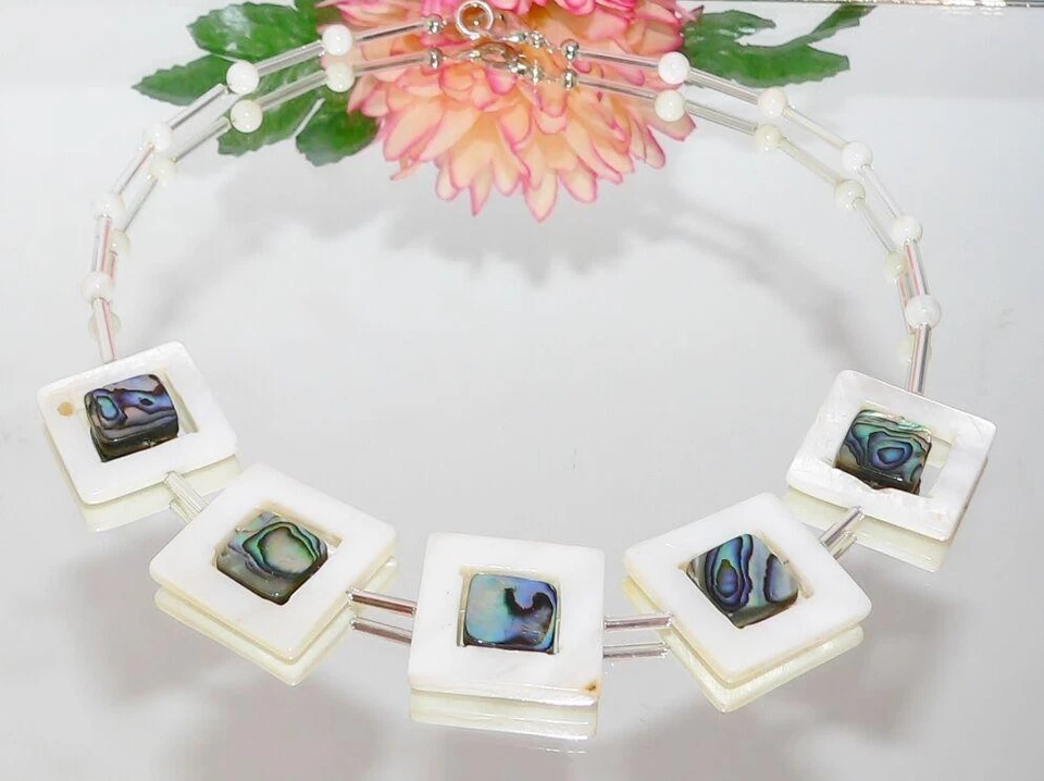 Halskette Kette Perlen Perlmutt Paue Abalone weiss Modeschmuck 278h - Bild 2 von 4